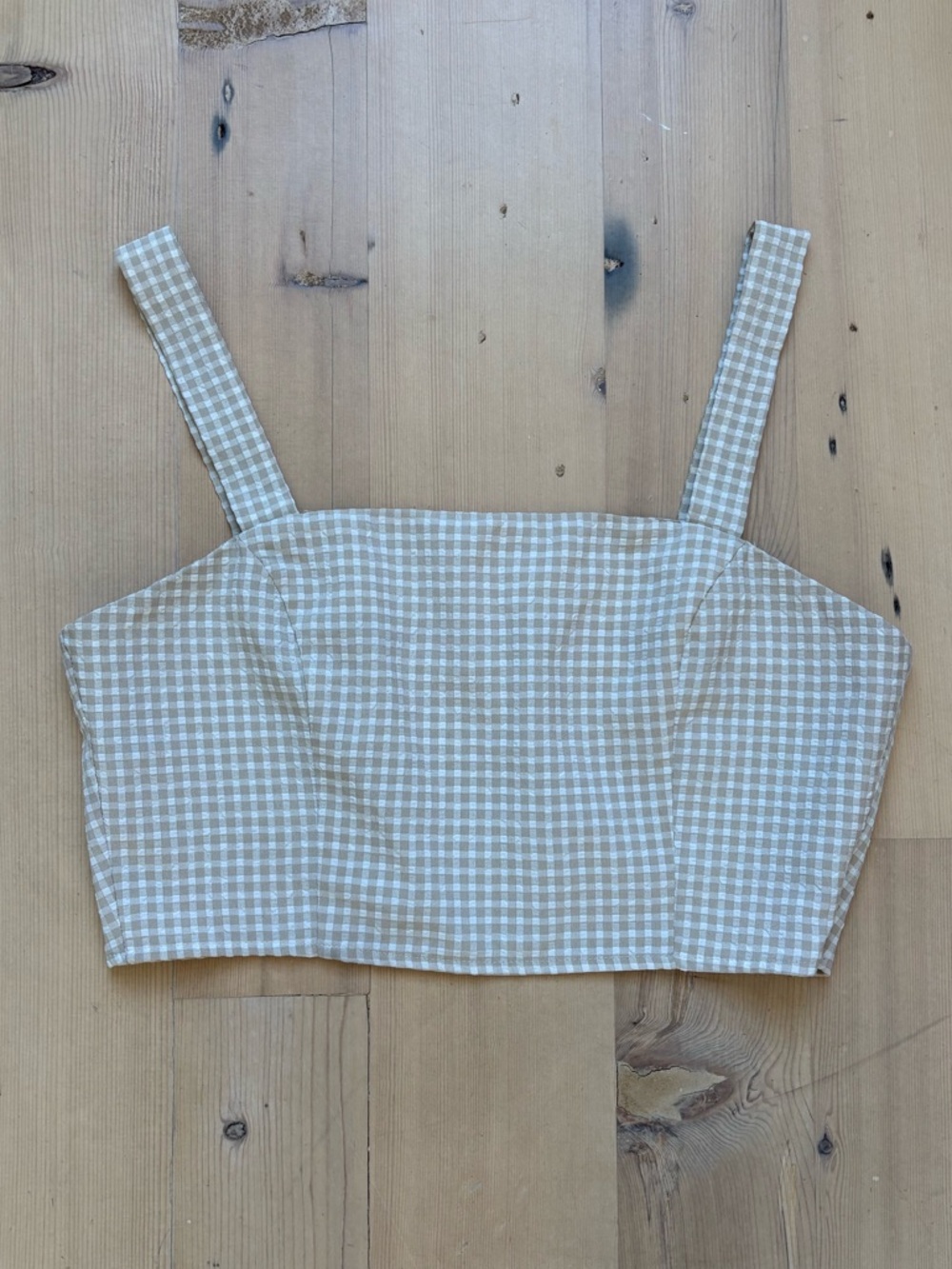 Lulus Tan and White Gingham Square-Neck Crop Top - Large